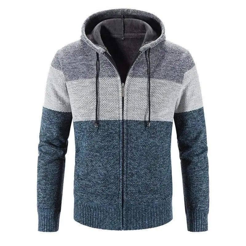 Men Sweater Thick Zipper Wool Sweaters Hooded Stripe Coat-Blue-3