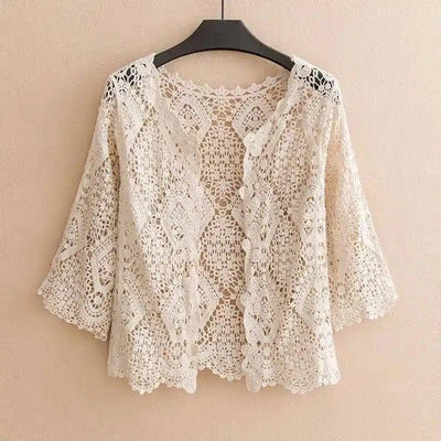 Lace Crochet Women's Blouse Casual-Apricot-2