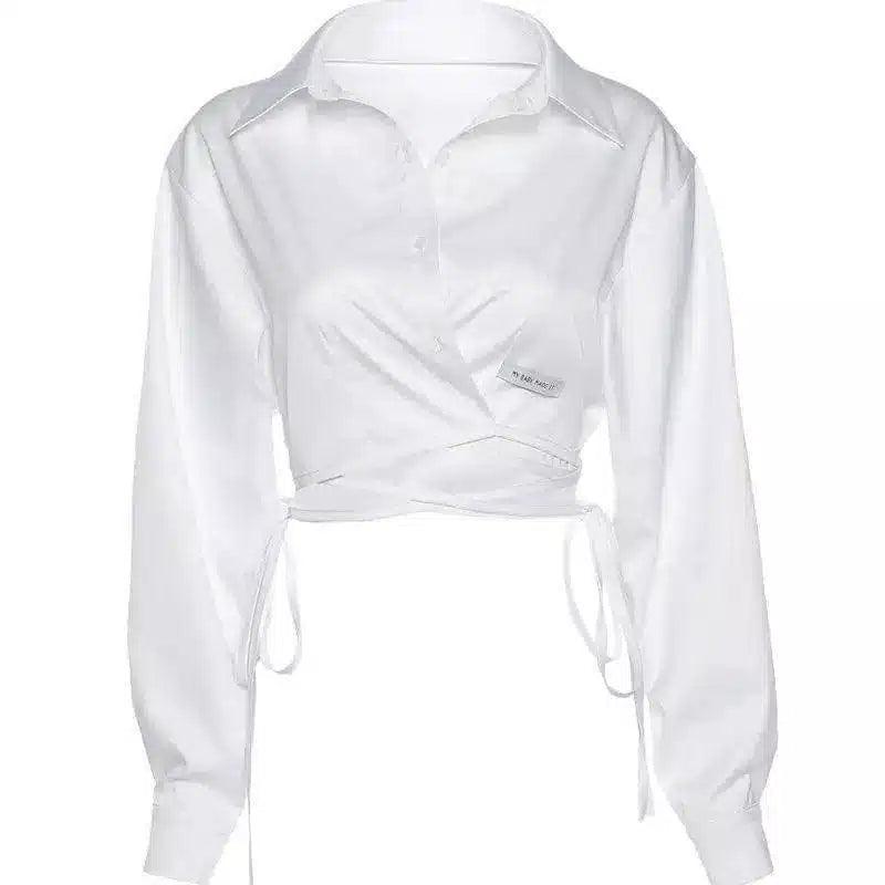 Women's Cropped Tie-Waist Shirt-White-2