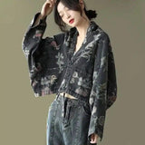 LOVEMI - Lovemi - Printed Denim Short Jacket Ladies Loose Bat Sleeve