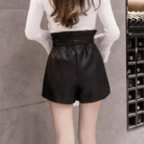 Pu female autumn and winter elastic waist high waist leather-4