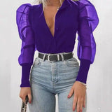 Women's Sheer Sleeve V-Neck Blouse-Purple-3