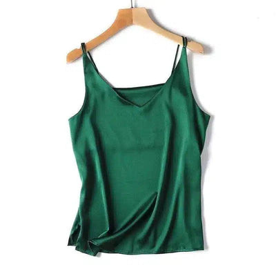 Women's Sleeveless V-Neck Silk Tank Top-Green-4