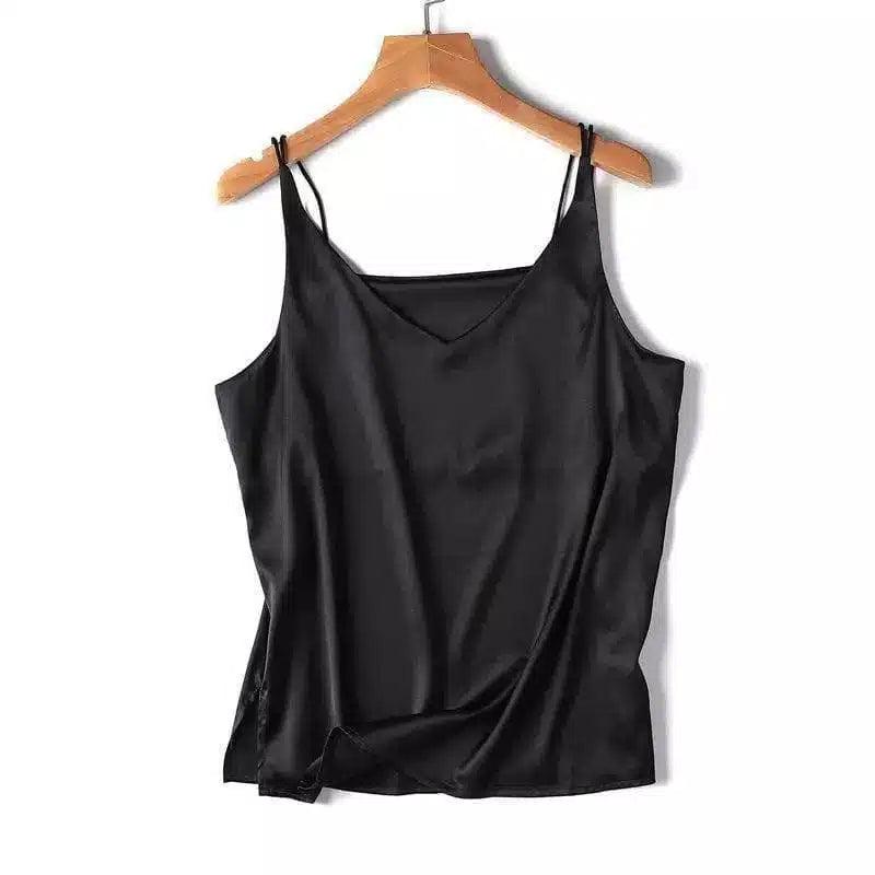 Women's Sleeveless V-Neck Silk Tank Top-Black-5