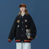 Retro Hong Kong Style Baseball Uniform Women Loose Bf Style-Black-1