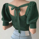 Puff Sleeve Knit Crop Top with Tie Back-Green-3