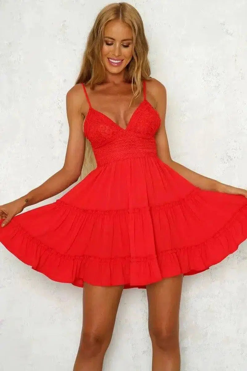 lace sling stitching bow princess dress-Red-18