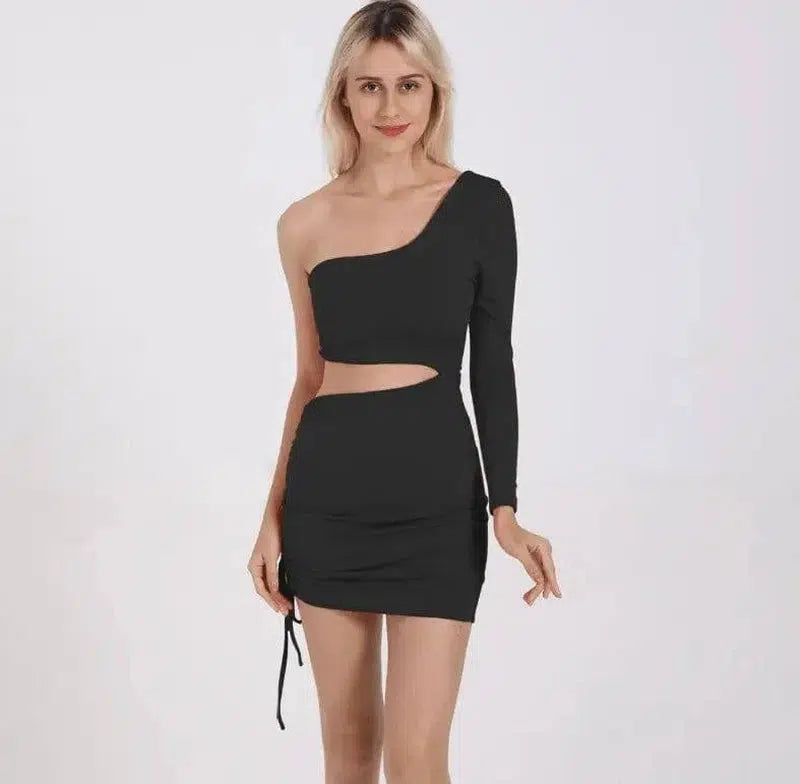 One Shoulder Cutout Long Sleeve Hip Dress-13