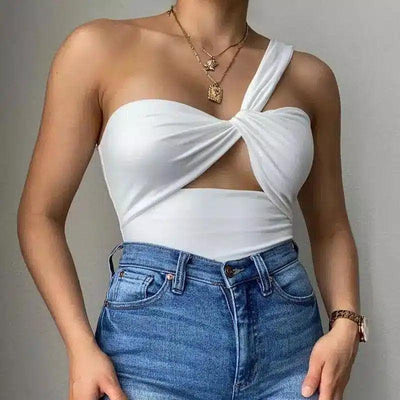 One-Shoulder Fitted Women's Top-White-5