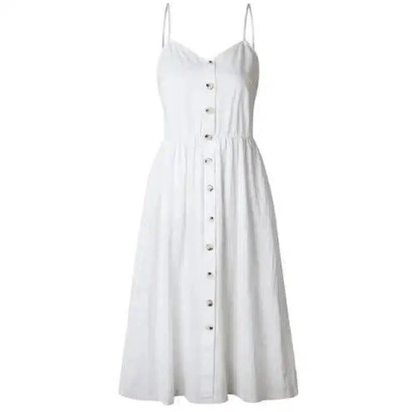 Suspender Button Pocket Halter Dress-White-14