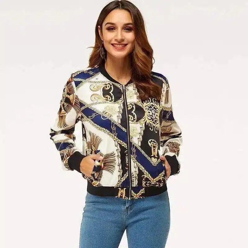 Womens Printed Zip-Up Casual Bomber Jacket-Black-1