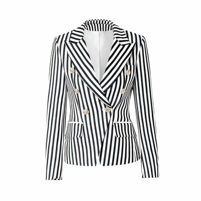 Women's Striped Double-Breasted Blazer-Black-2