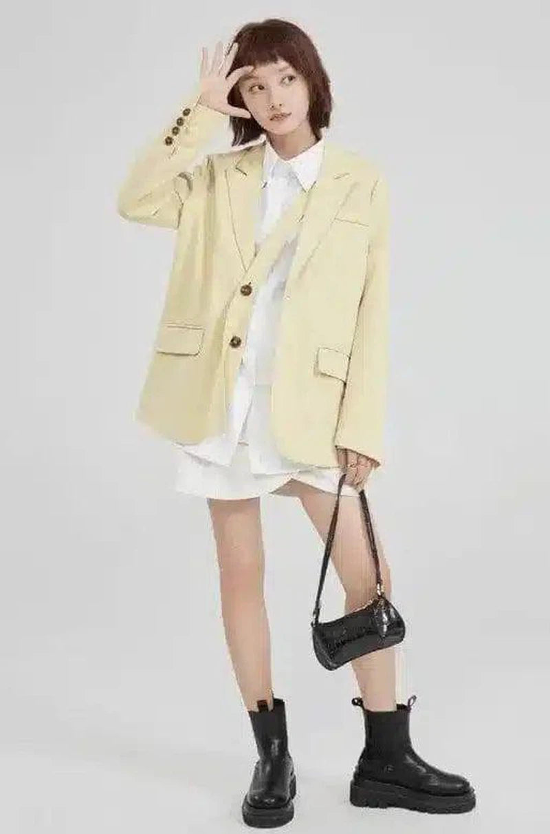 Women's Casual Blazer and Shirt Dress Combo-Yellow-1