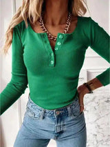 Womens Casual V-Neck Buttoned Knit Top-Green-8