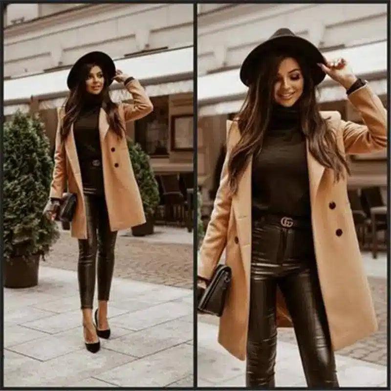 Womens' Stylish Trench Coat and Pants Outfit-Khaki-3