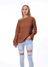 Off-Shoulder Knit Sweater for Women-Coffee-3