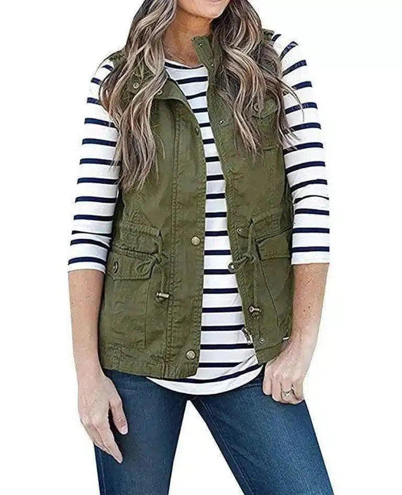Solid Color Sleeveless Button Vest Jacket-ArmyGreen-5
