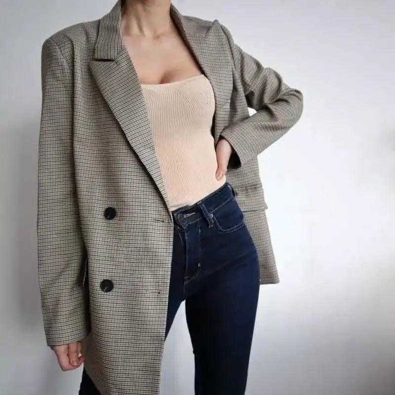 Women's Tailored Check Blazer Jacket-1