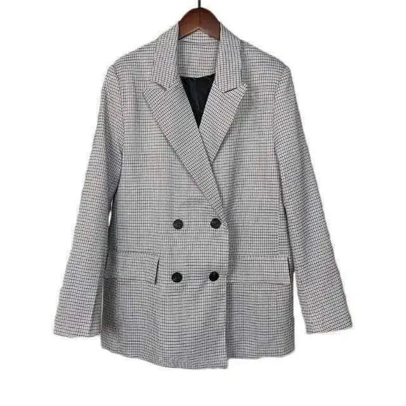 Women's Tailored Check Blazer Jacket-Gray black plaid-4