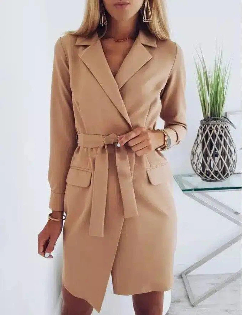 Women's Belted Wrap Dress with Long Sleeves-Brown-2