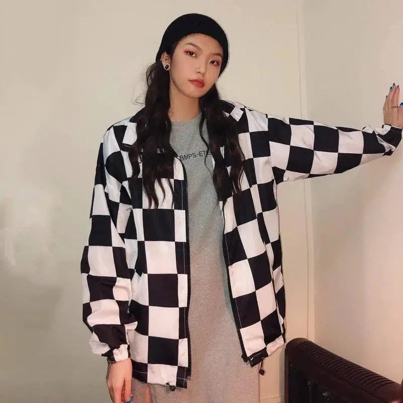 Street Tide brand hip hop color plaid chess loose long-Black and white grid-1