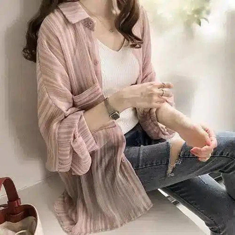 Women's Casual Striped Button-Up Shirt-Pink-1