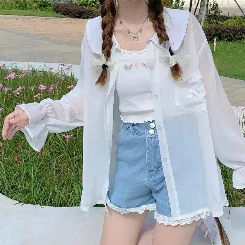 Lace Trim Sheer Blouse and Denim Shorts Set-White-2