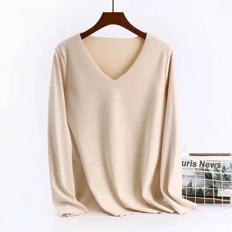 Women's V-Neck Long Sleeve Blouse-Beige-5