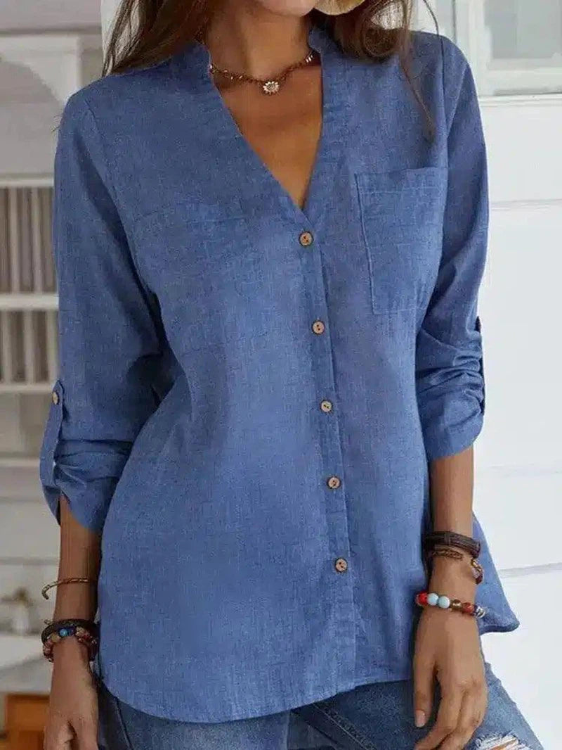 Women's Casual V-Neck Button-Up Shirt-Blue-1