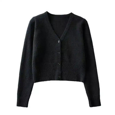 Womens V-Neck Buttoned Knit Cardigan-Black-4