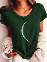 Crescent Moon Print Casual Women's Tee-Dark green-1