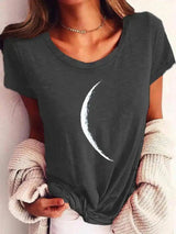 Crescent Moon Print Casual Women's Tee-Dark grey-9