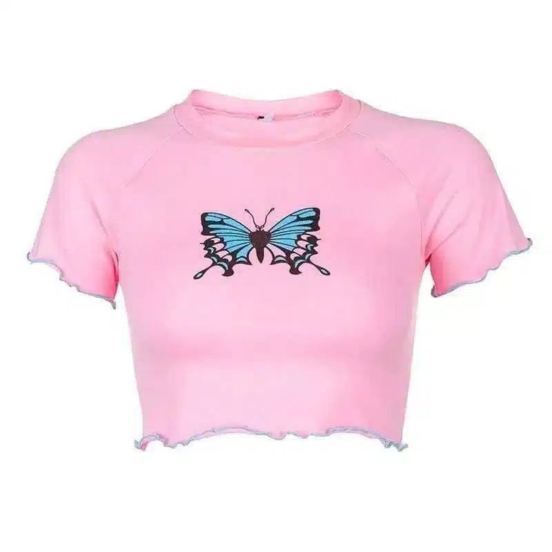 Women's Butterfly Print Crop Top T-Shirt-Pink-2