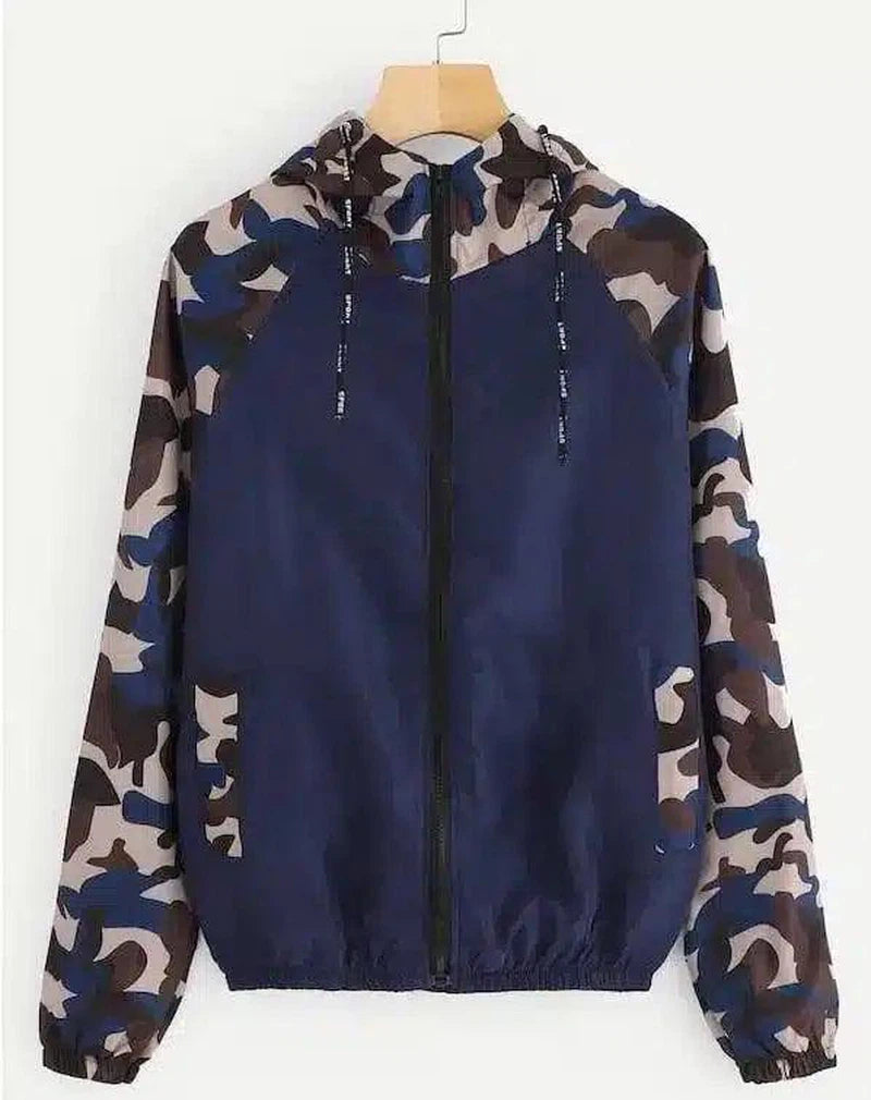 Camo Hooded Zip-Up Windbreaker Jacket-Navy blue-2