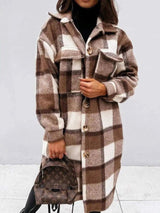 Plaid Wool Blend Long Coat for Women-Brown-5