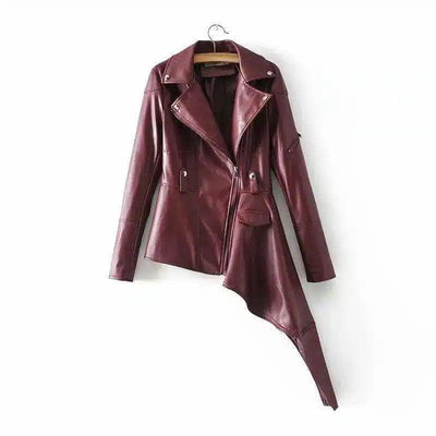 Women's Slim Fit, Lapel, Long Sleeves, irregular Hem Leather-Wine red-3