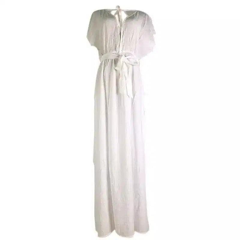 Summer Maxi Dress with V-Neck and Tie Waist-White-2