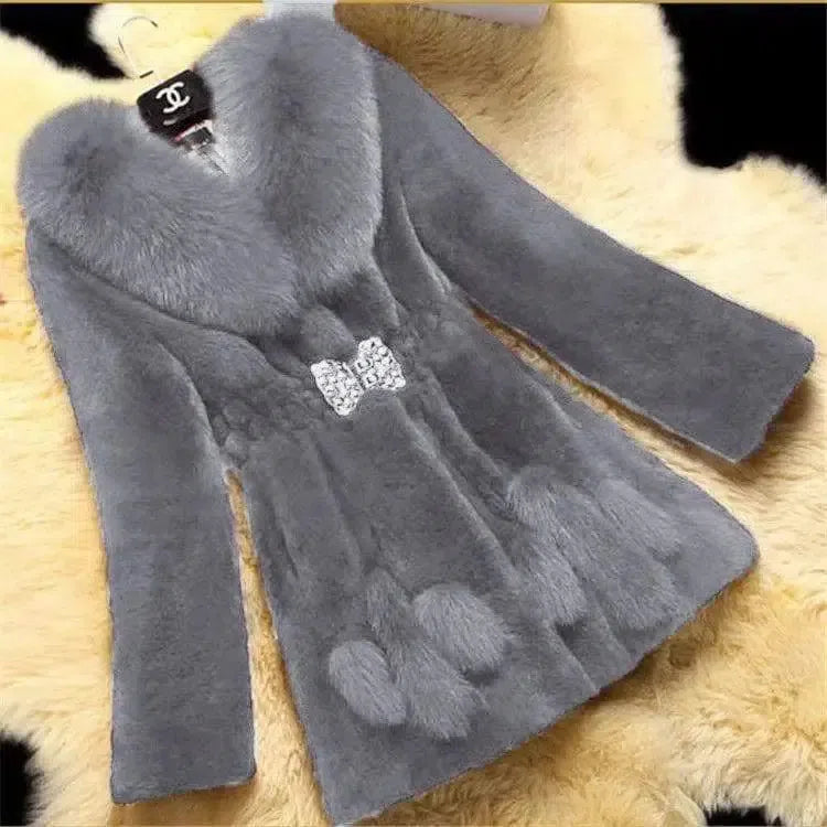 Luxurious Mid-Length Mother Coat with Fox Fur Collar-Grey-1