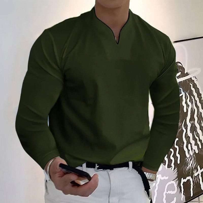 Male Fashion Casual Solid Color V-neck Long Sleeve Shirts Wine Red / Without pockets / 5XL-Army Green-10