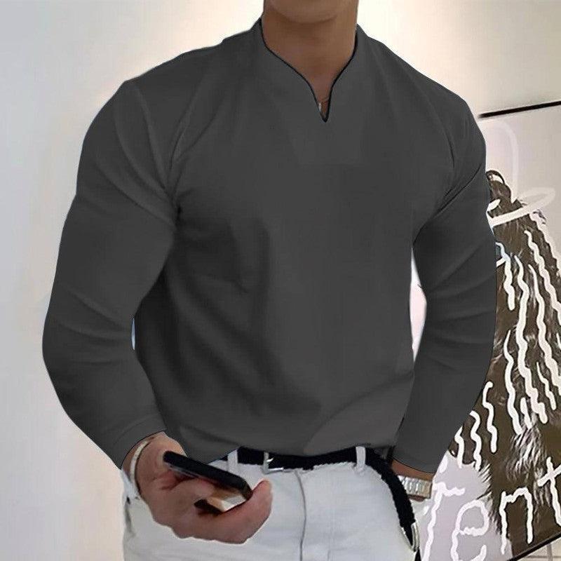 Male Fashion Casual Solid Color V-neck Long Sleeve Shirts Wine Red / Without pockets / 5XL-Dark Grey-12