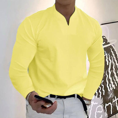 Male Fashion Casual Solid Color V-neck Long Sleeve Shirts Wine Red / Without pockets / 5XL-Yellow-13