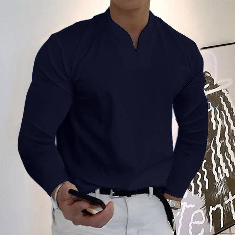 Male Fashion Casual Solid Color V-neck Long Sleeve Shirts Wine Red / Without pockets / 5XL-Navy Blue-14