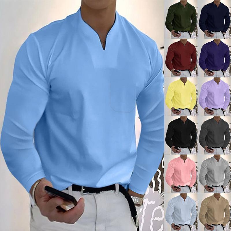 Male Fashion Casual Solid Color V-neck Long Sleeve Shirts Wine Red / Without pockets / 5XL-1