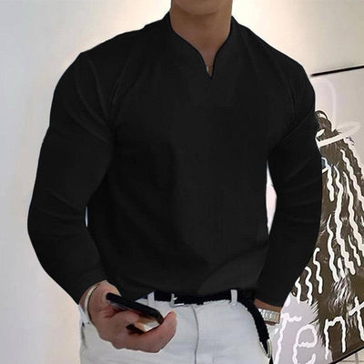 Male Fashion Casual Solid Color V-neck Long Sleeve Shirts Wine Red / Without pockets / 5XL-Black-2