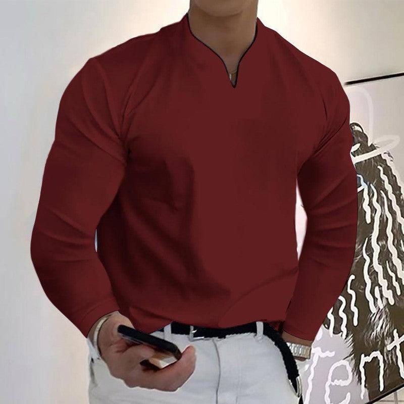 Male Fashion Casual Solid Color V-neck Long Sleeve Shirts Wine Red / Without pockets / 5XL-Wine Red-3