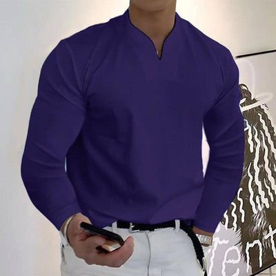 Male Fashion Casual Solid Color V-neck Long Sleeve Shirts Wine Red / Without pockets / 5XL-4