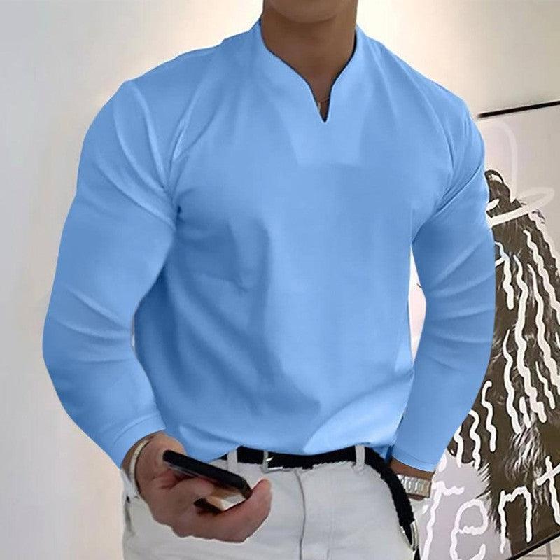 Male Fashion Casual Solid Color V-neck Long Sleeve Shirts Wine Red / Without pockets / 5XL-Light Blue-5