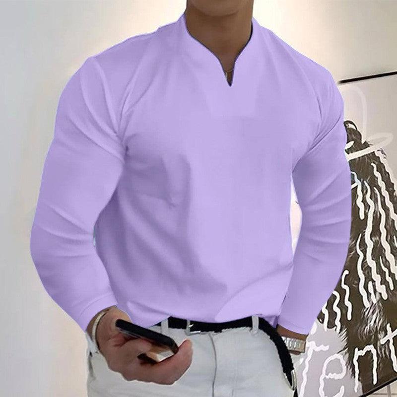 Male Fashion Casual Solid Color V-neck Long Sleeve Shirts Wine Red / Without pockets / 5XL-Light Purple-6