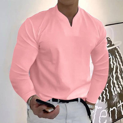 Male Fashion Casual Solid Color V-neck Long Sleeve Shirts Wine Red / Without pockets / 5XL-Pink-7