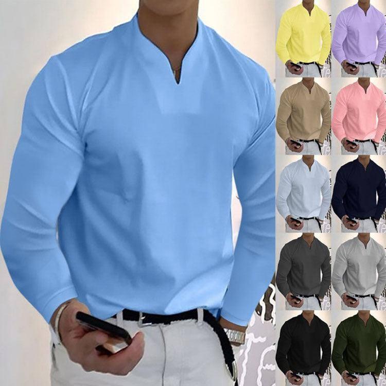 Male Fashion Casual Solid Color V-neck Long Sleeve Shirts Wine Red / Without pockets / 5XL-8